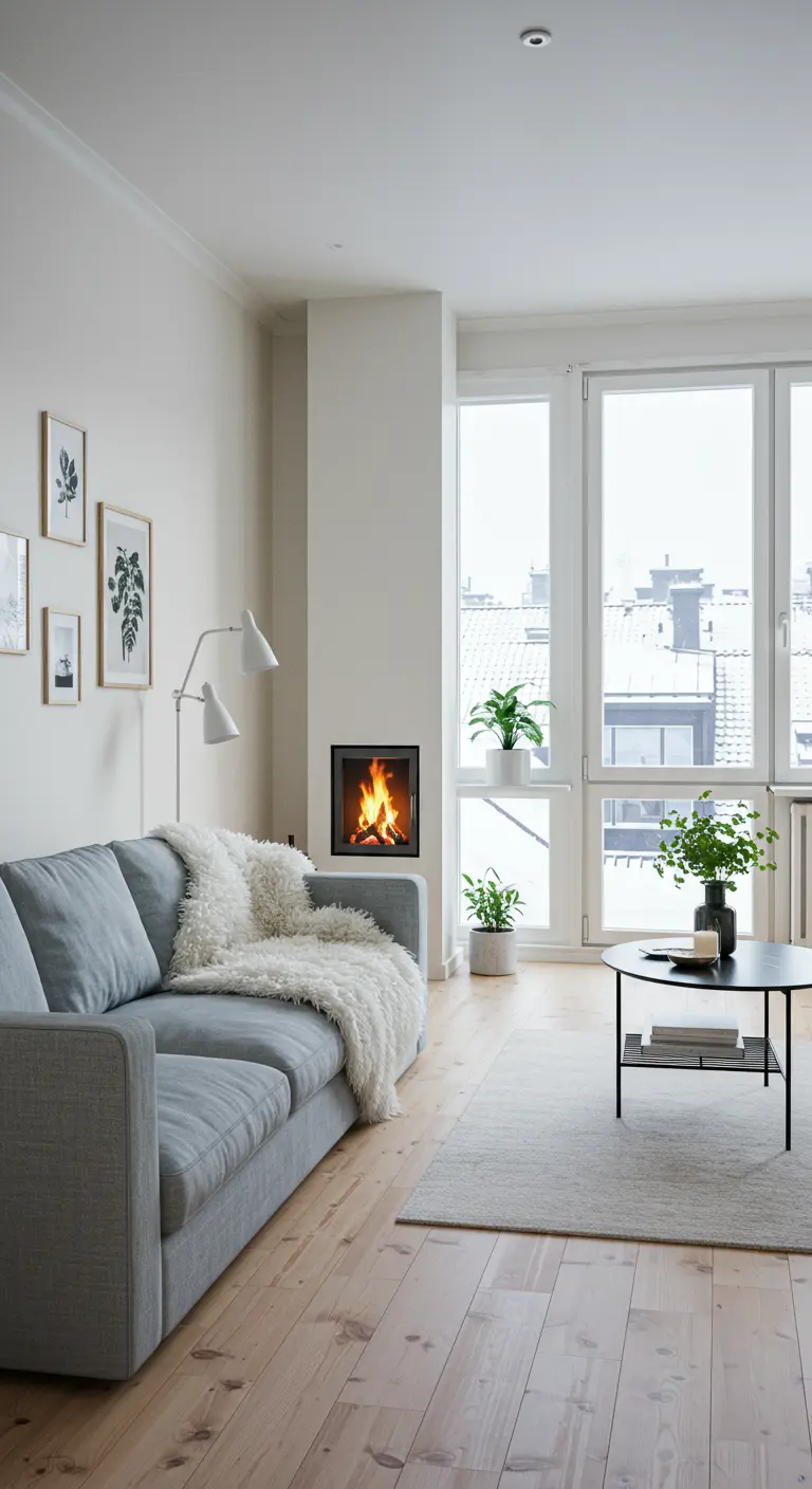 Bright living room with light grey sofa, recessed fireplace, and large windows.