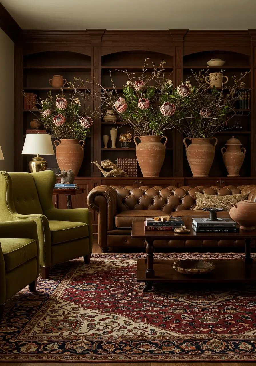 Formal living room with dark wood bookshelves, leather sofa, and large terracotta urns.