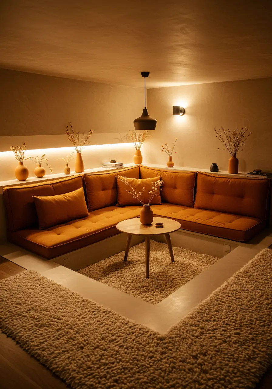Cozy sunken living room with orange sectional, fluffy rug, and ambient lighting.