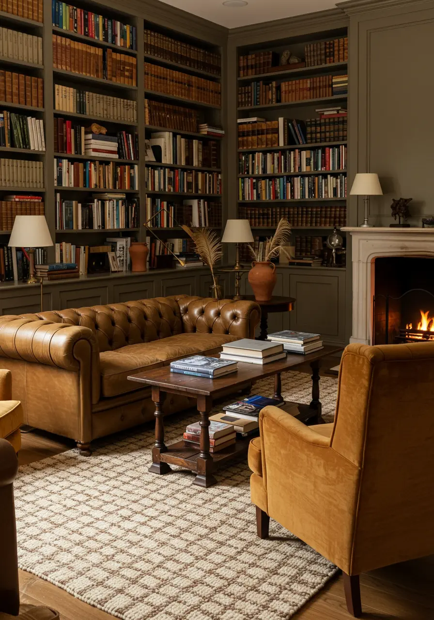 Traditional library living room with full bookshelves, leather sofa, and fireplace.