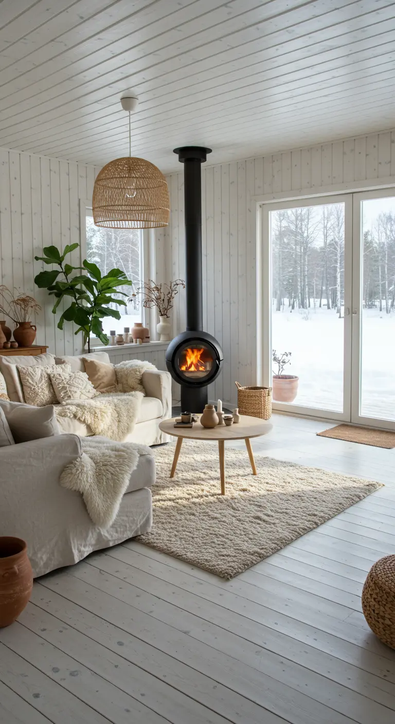 Bright living room with a round black wood stove and light furniture.