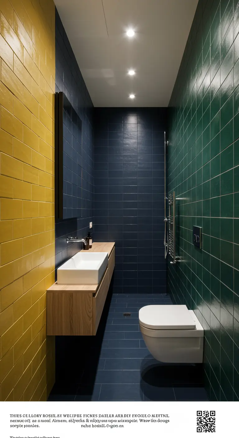 Narrow bathroom with yellow, navy, and emerald green subway tiled walls and a wooden floating vanity.