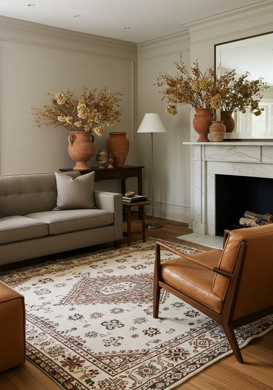 Elegant living room with marble fireplace, neutral sofa, patterned rug, and terracotta urns.