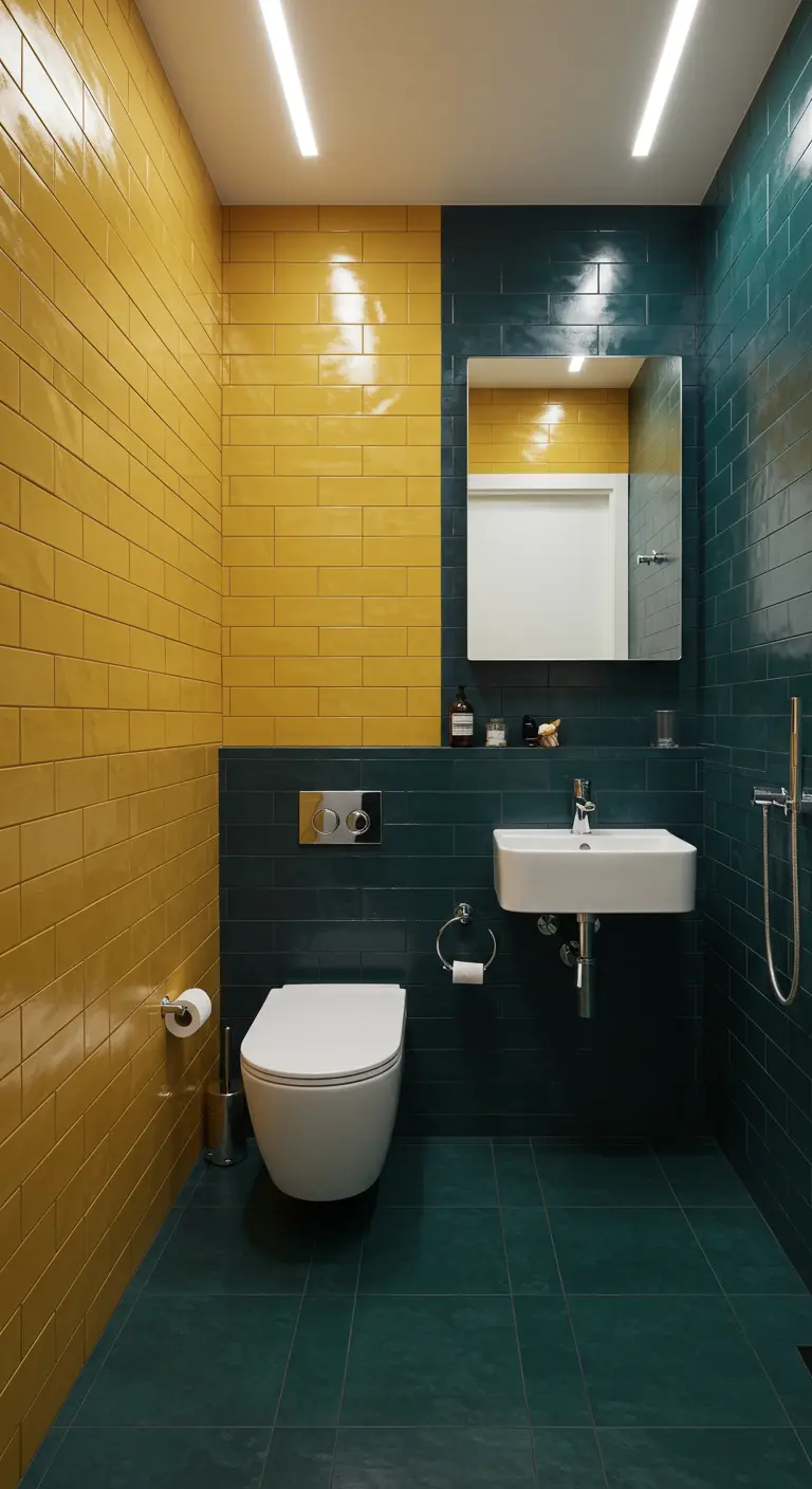 Bathroom with yellow and green tiled walls, green floor, and blue floating vanity.