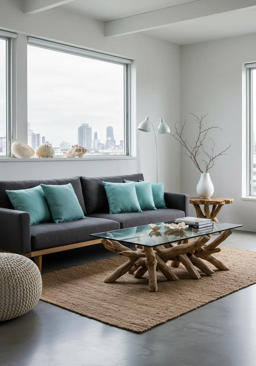City apartment living room with dark gray sofa, glass-top driftwood coffee table, aqua pillows, and city view.