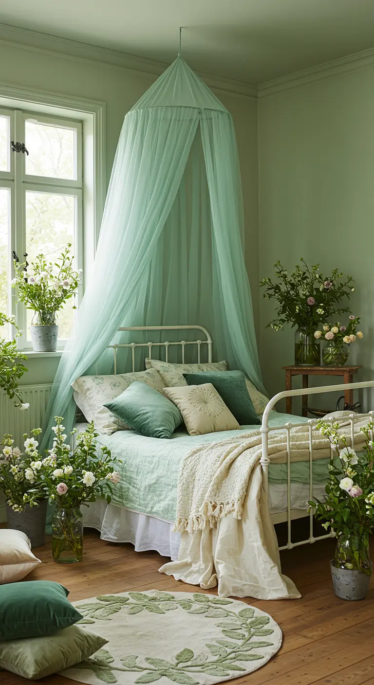 Green bedroom with a mint bed canopy, fresh flowers, and a white metal bed frame.