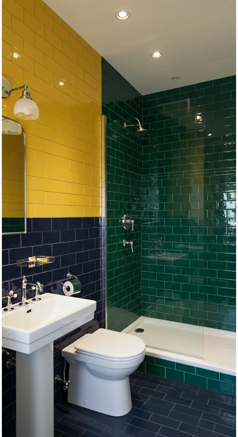 Bold yellow and navy tiled bathroom with emerald green tiled shower and a pedestal sink.