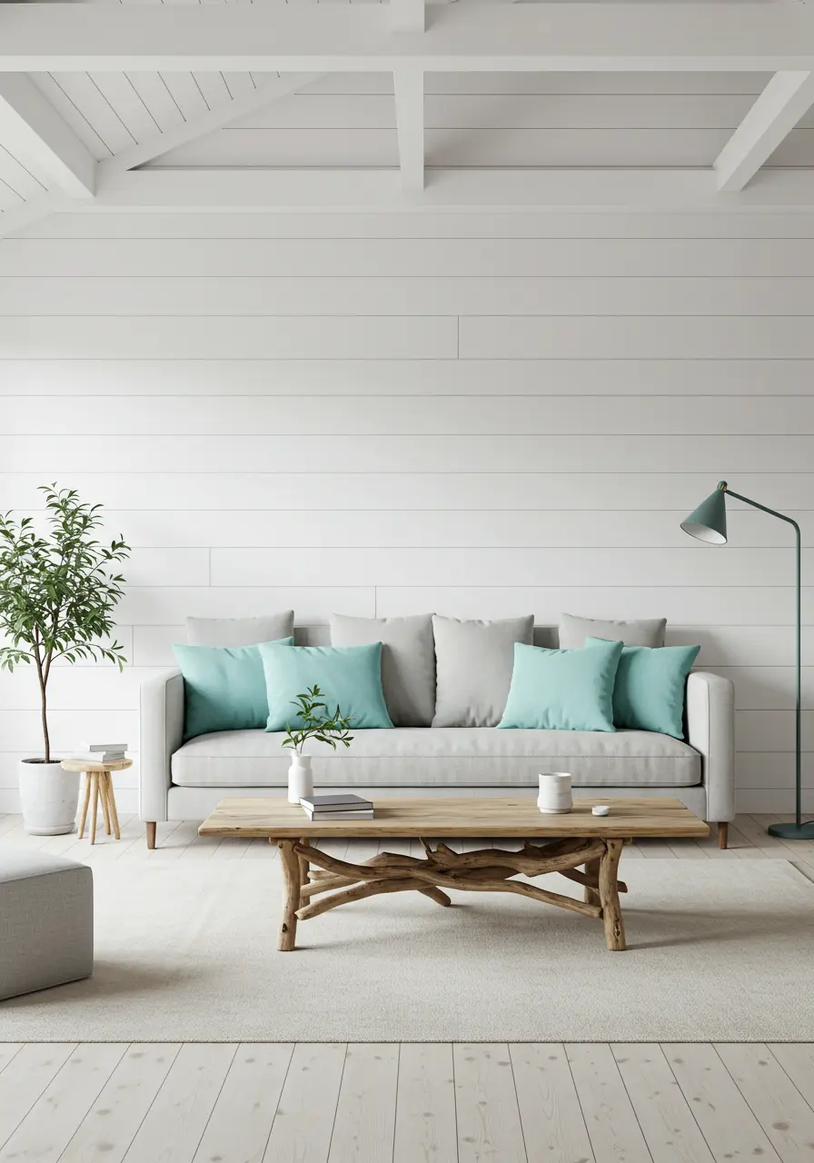 White shiplap living room with a light gray sofa, tall plant, and subtle aqua accents.