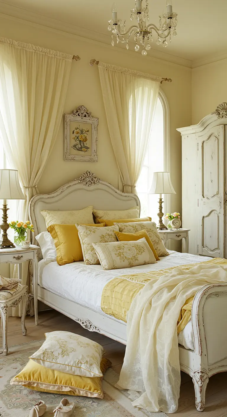 Vintage romantic bedroom with yellow drapes, ornate white furniture, and a chandelier.