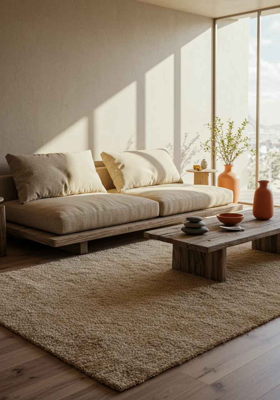 Zen-inspired living room with low-profile sofa, wooden coffee table, and shaggy rug.