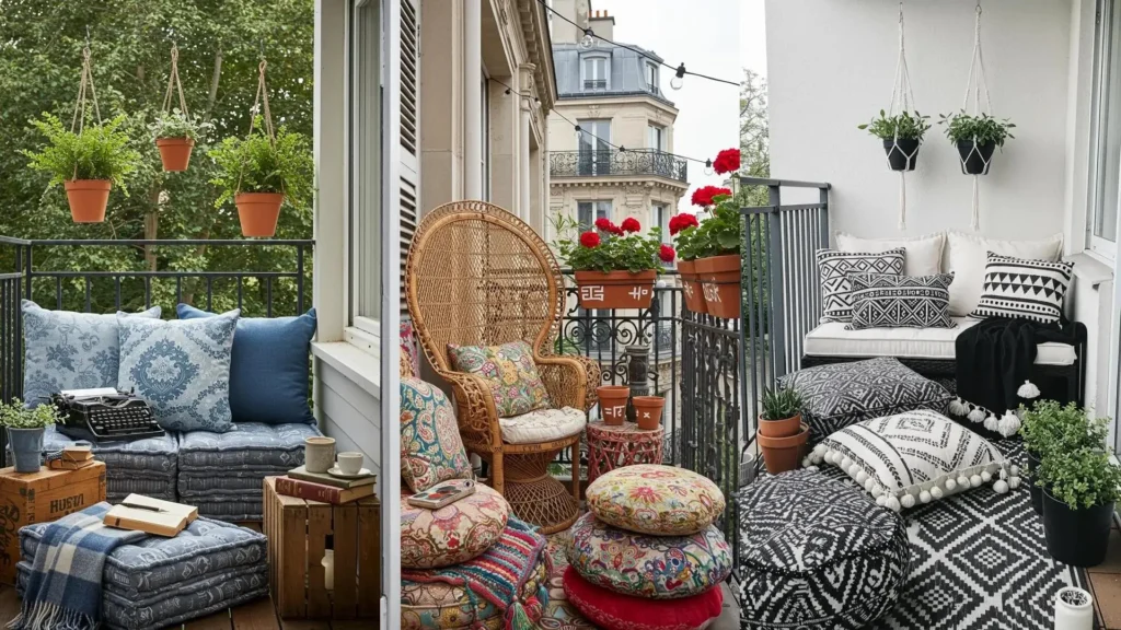 Boho-chic balcony inspiration with patterned floor cushions, hanging terracotta pots, and tasseled throws.