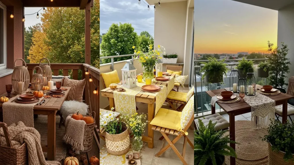 Boho-modern balcony tablescapes with layered textiles, terracotta dinnerware, and stylish lantern centerpieces.