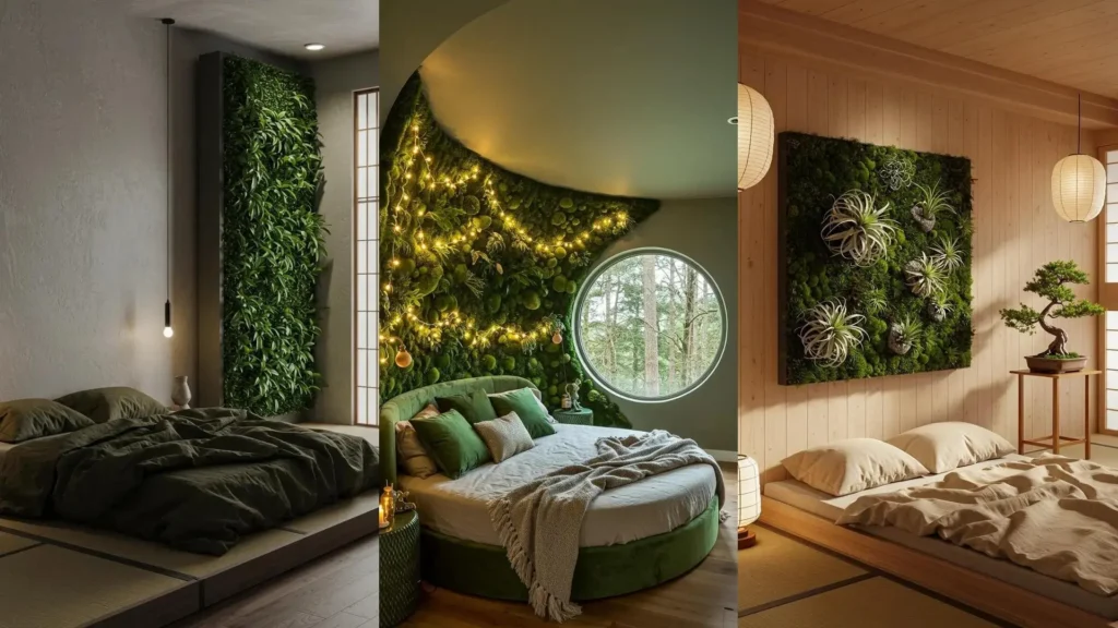 Serene botanical bedrooms with green living plant walls and natural fiber bedding, creating calming retreats.