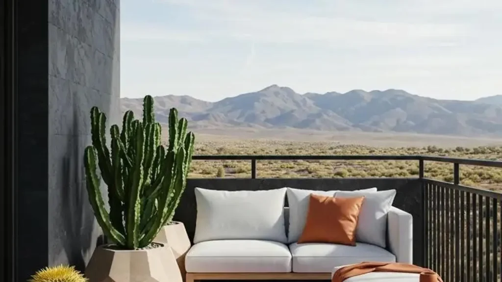Desert oasis balcony with a tall cactus in a sandstone planter, earth-tone textiles, and mountain views.