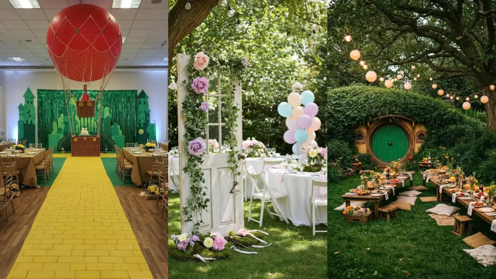 Magical DIY storybook party decorations: Wizard of Oz, an enchanted garden party, and a whimsical Hobbit hole feast.