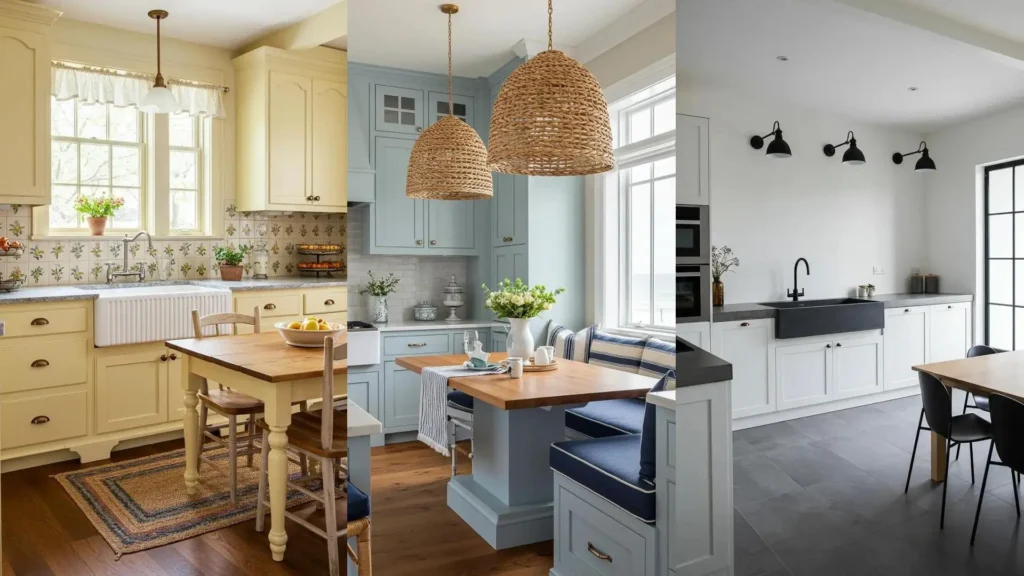 Variety of farmhouse eat-in kitchen designs with shaker style cabinets and classic farmhouse sinks.