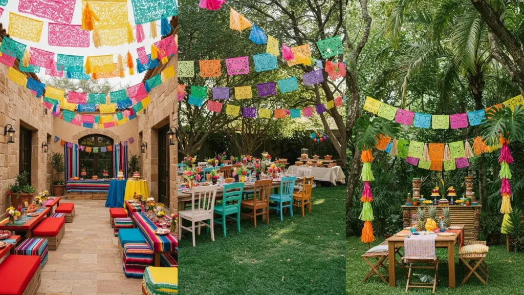 Vibrant outdoor fiesta decorations featuring colorful papel picado banners and playful tassel garlands for a festive birthday party.