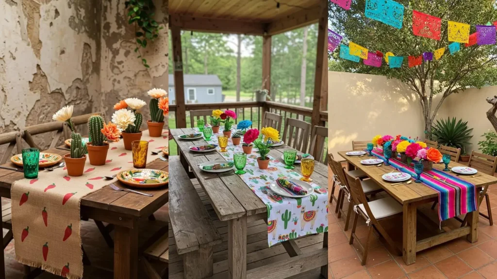 Three vibrant fiesta tablescapes with bold patterns, colorful paper flowers, and bright glassware.