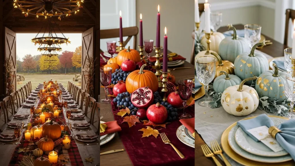 Harvest-themed Thanksgiving table decor with pumpkin centerpieces, candles, and rustic charm for an autumn gathering.