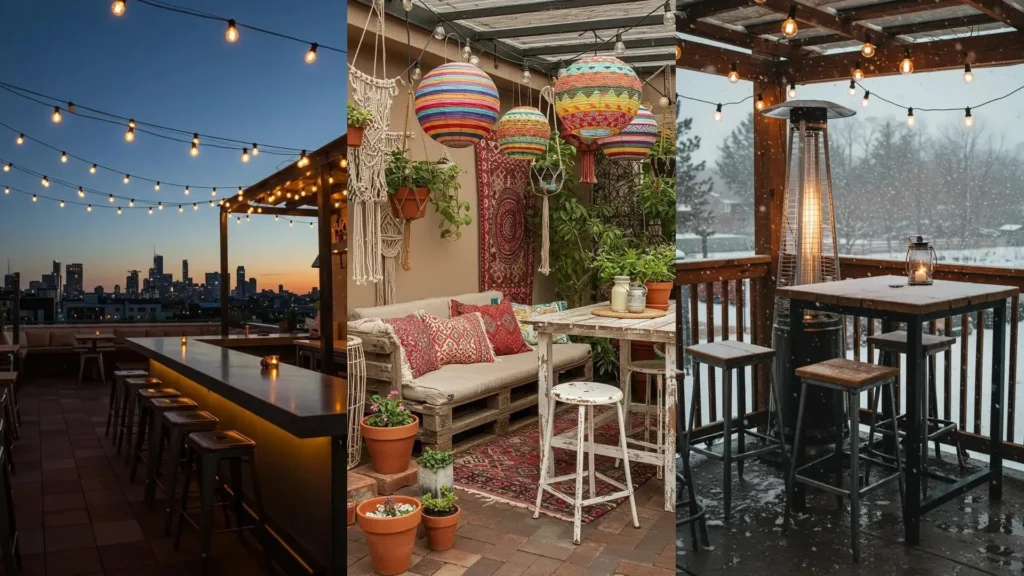 Industrial steel patio stools at a rooftop bar with Edison bulb string lights glowing overhead against a city skyline.