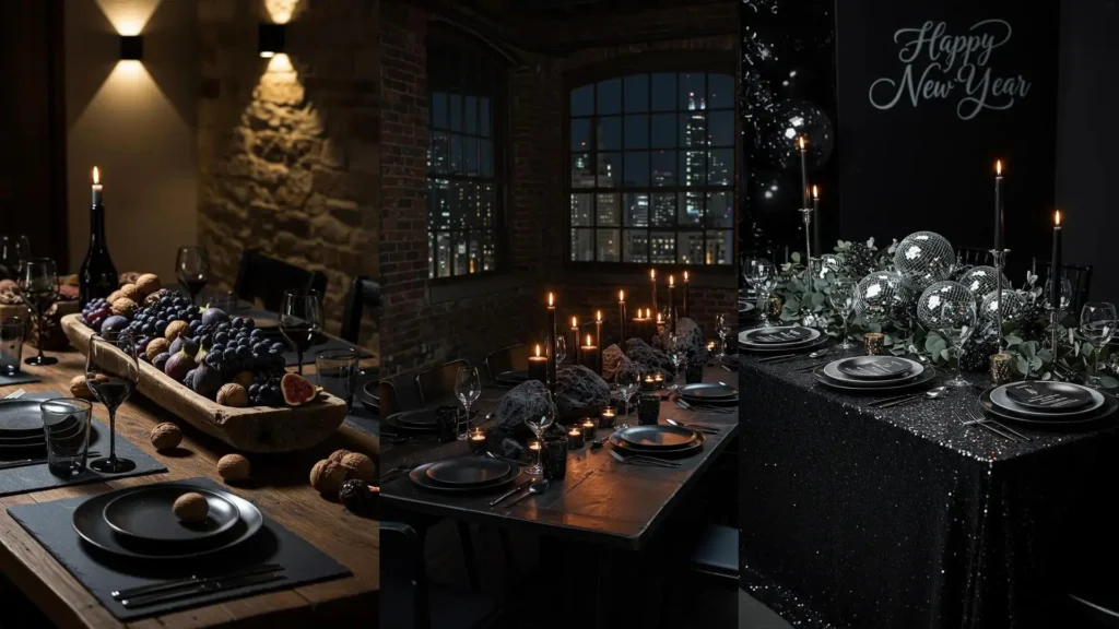 Dramatic monochrome black tablescapes featuring matte plates, charcoal textures, and candlelight for elegant party styling.
