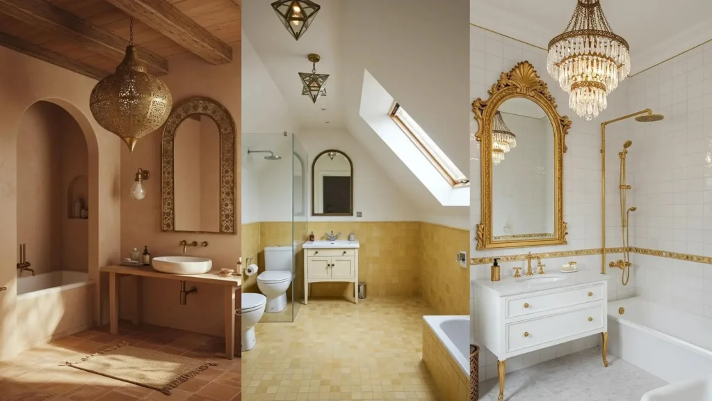 Moroccan-style bathrooms featuring warm zellige tiles, elegant arched mirrors, and intricate brass lanterns.
