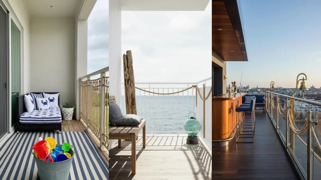 Three nautical balconies with rope railings, navy striped cushions, and a lantern buoy overlooking the ocean.