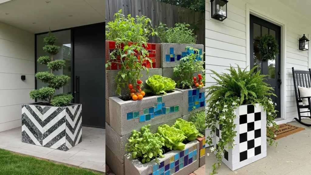 DIY oversized concrete block planters with vibrant tile mosaics and painted patterns for outdoor garden decor.