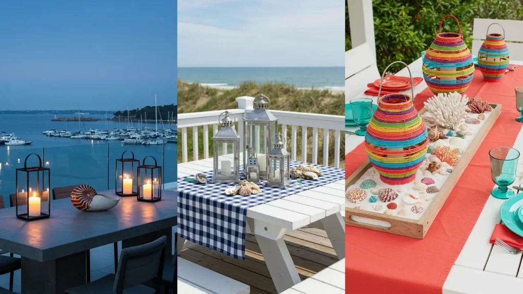 Seaside terrace tablescapes with glowing lanterns, shells, and nautical decor by the ocean.