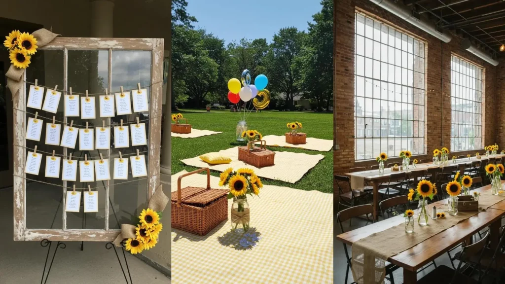 Sunflower garden birthday party decor with rustic burlap ribbon, mason vases, and picnic arrangements.