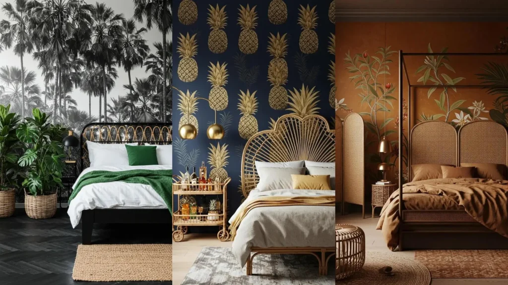 Three tropical romantic bedrooms showcasing botanical murals and rattan furniture, with lush plants and stylish decor.