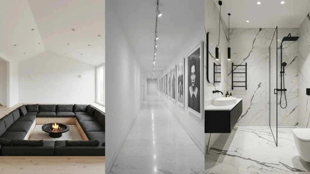 Black and white interiors with high contrast, clean lines, and minimalist mood: living room, hallway, and bathroom.