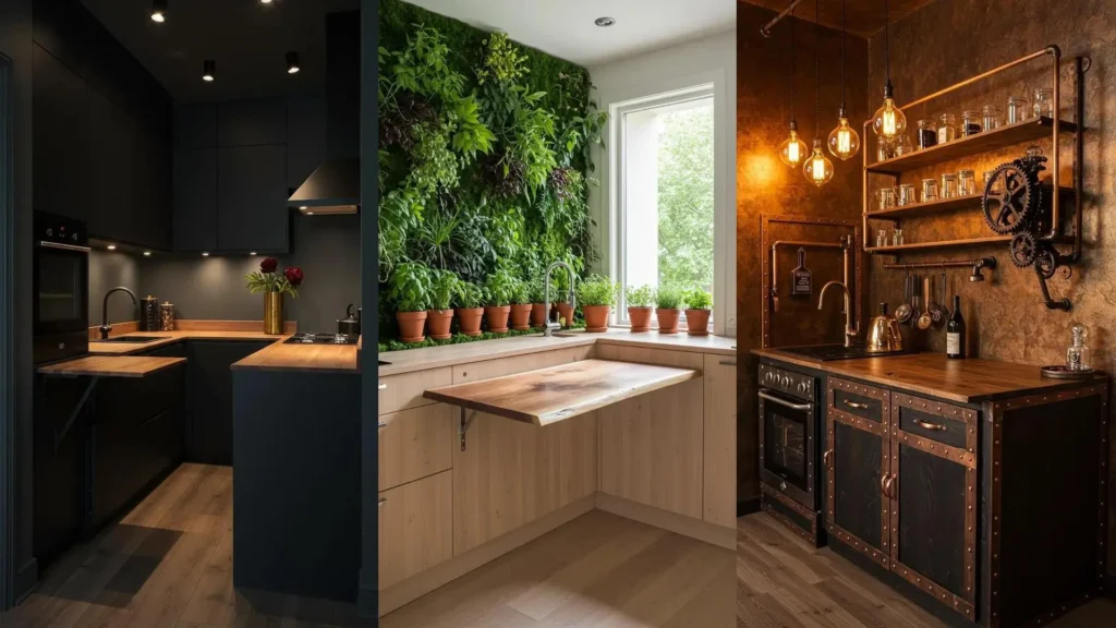 Various compact urban kitchens showcasing space-saving slimline storage and stylish fold-down tables.