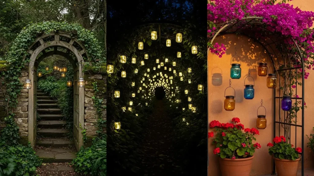 Enchanted backyard arbor lit by dozens of glowing DIY solar fairytale jar lights, illuminating a path.
