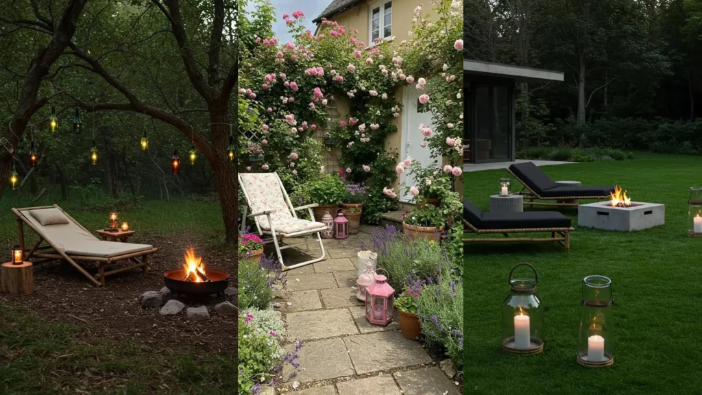 Various eco-friendly garden setups featuring bamboo loungers, cozy fire pits, and stylish recycled glass lanterns.