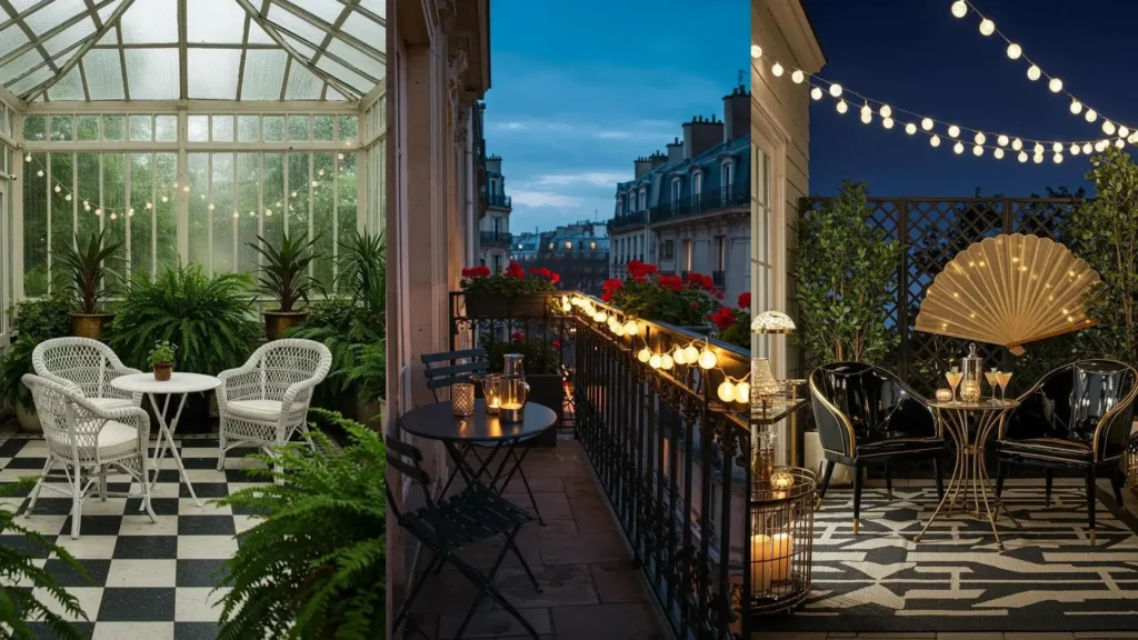 Elegant bistro patio setups with pearl string lights in a charming greenhouse, city balcony, and outdoor terrace.