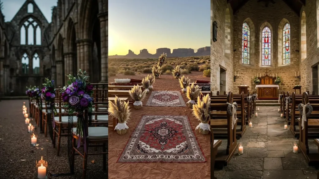 Wedding aisle adorned with elegant lavender floral arrangements and lace accents, lit by candles.