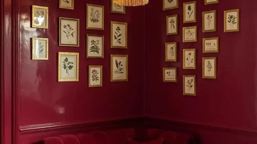 Luxe glam living room with deep red velvet sofa, brass chandelier, and a botanical gallery wall.