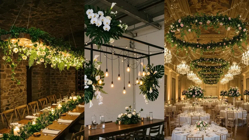 Romantic spring wedding featuring elegant hanging flower arrangements, lush greenery, and warm fairy lights.