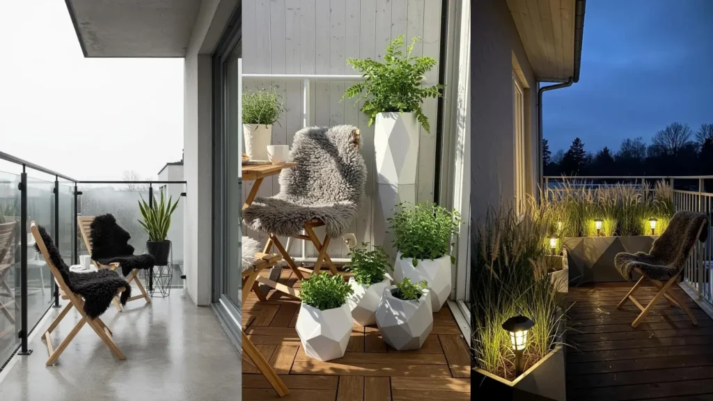 Scandinavian balconies with light oak folding chairs, cozy sheepskin throws, and modern geometric planters with greenery.