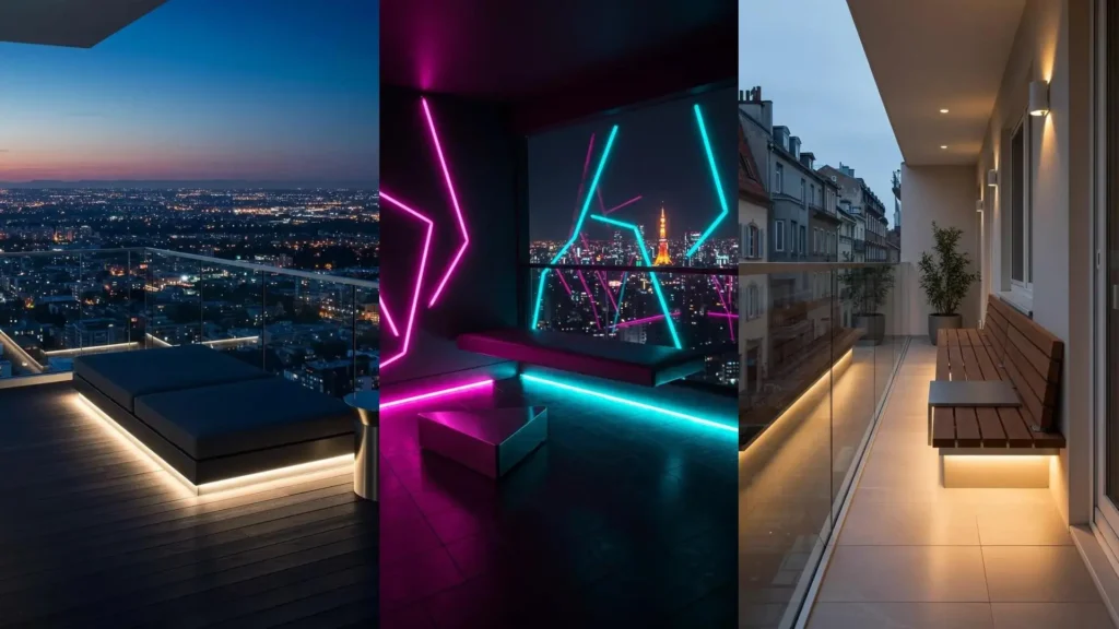 Sleek glass-railed balconies with floating deck seats, stainless steel side tables, and vibrant LED strips.