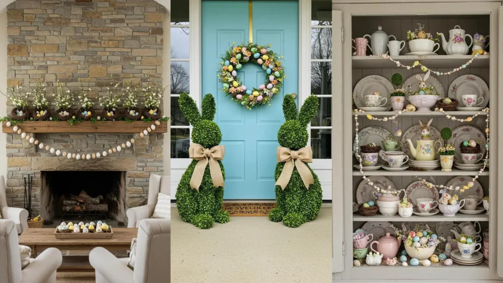 Whimsical Easter decorations with bunny topiaries, egg garlands, and floral nests.