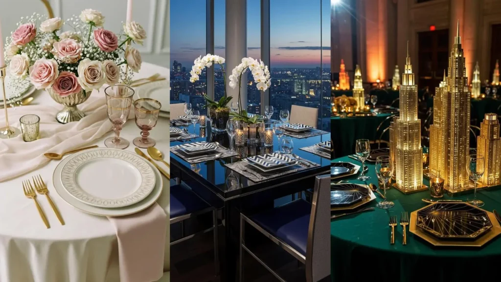 Glamorous Art Deco table settings feature geometric plates, metallic gold accents, and chic centerpieces.