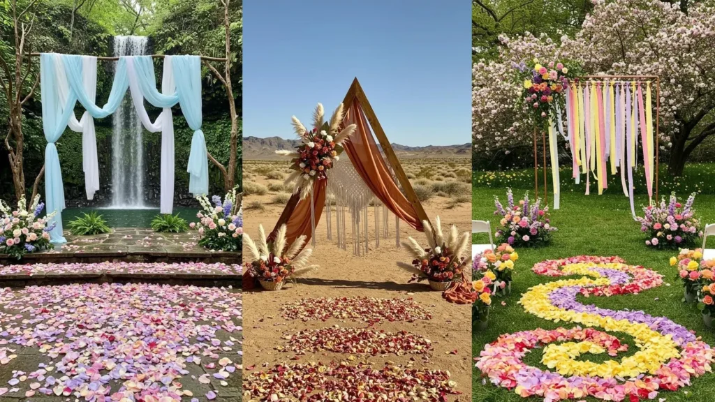Collage of dreamy wedding altar designs with delicate fabric draping and paths of scattered rose petals.
