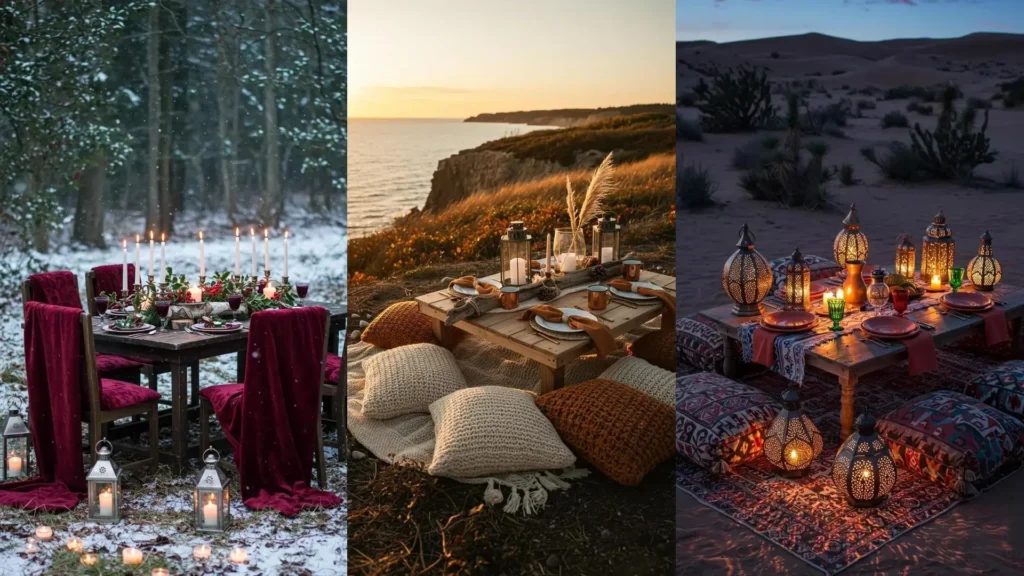 Firelight-inspired outdoor table settings with lanterns, rustic wood tables, and cozy throws in various natural scenes.