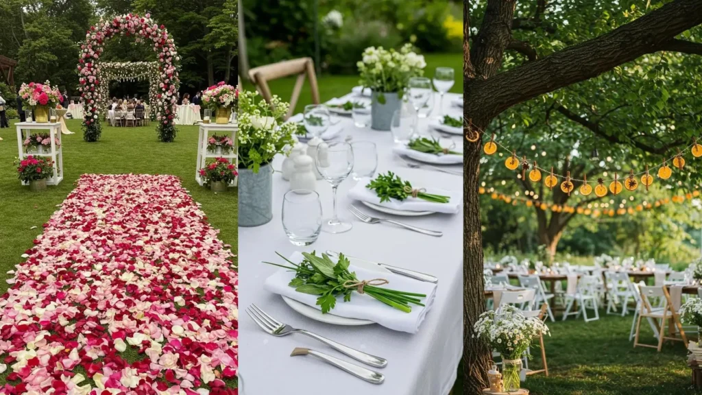 Beautiful garden party decorations featuring fresh herbs, floral arrangements, and charming handmade accents.