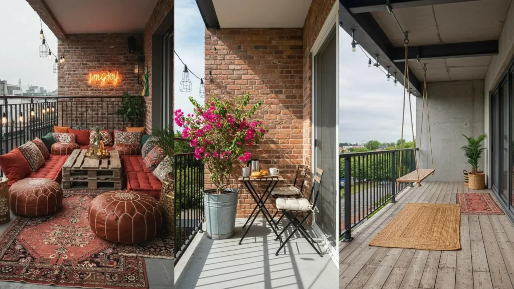 Boho-industrial balcony with exposed brick walls, woven swing, cozy seating, and Edison cage lights.