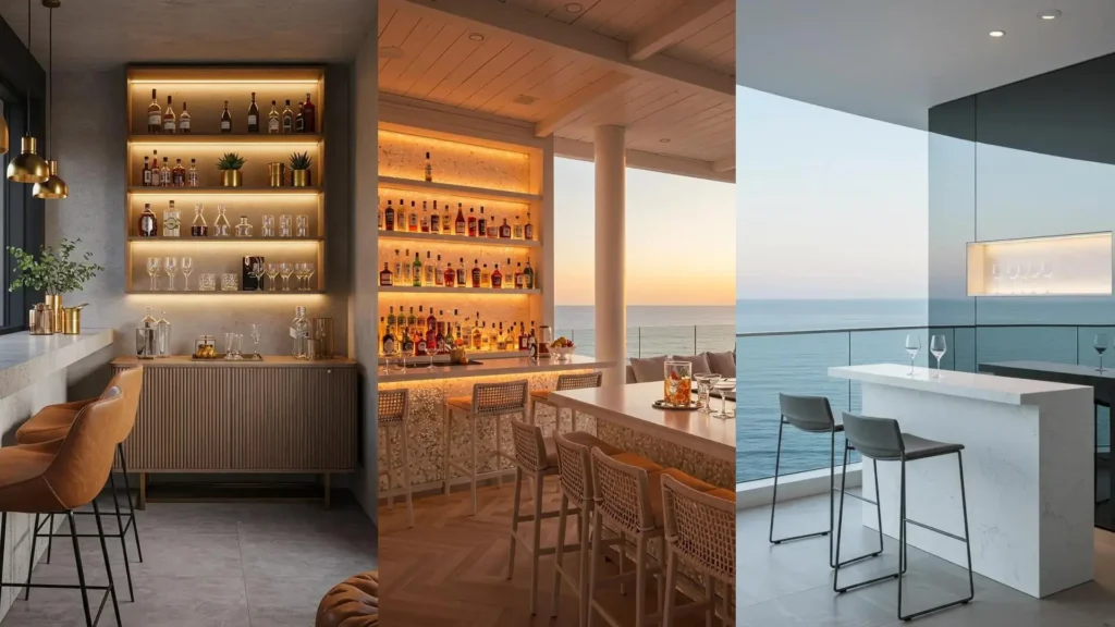 Luxury balcony bars featuring LED underlit shelving with drinks, leather stools, and elegant sideboards, some with ocean views.