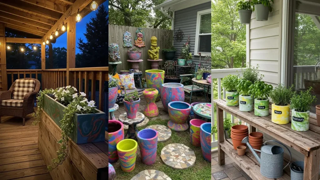 Vibrant marbled cement planters and herb pots, created with colorful spray paint techniques for unique outdoor decor.