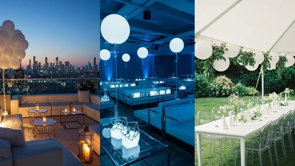 Modern minimalist party setups featuring white balloon clusters, elegant geometric centerpieces, and clean decor for birthday inspiration.